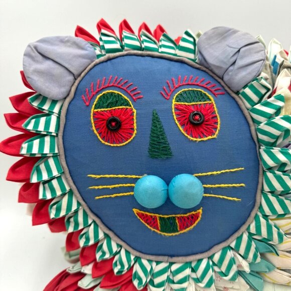 Vintage 1970s Embroidered Patchwork Blue Green Cat Pillow rare one of a kind spi - Picture 4 of 13